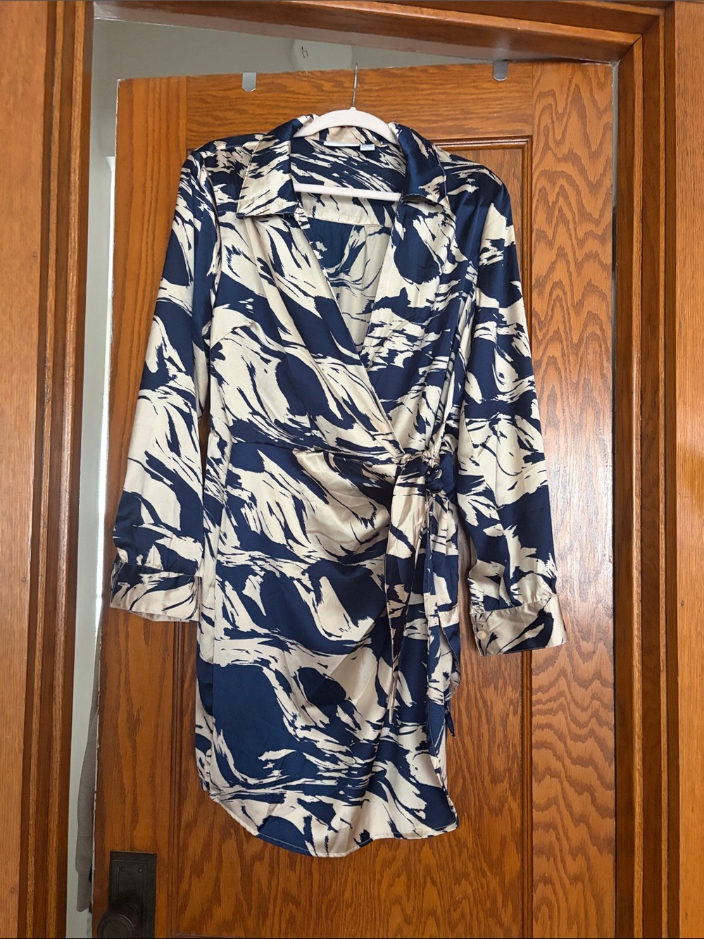 Sincerely Jules Navy and Cream Wrap Dress with Abstract Print